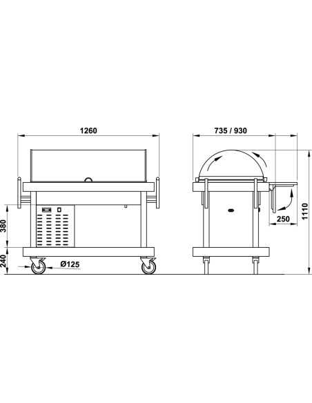 Refrigerated trolley - Solid wood - Hemispherical dome - Temperature 2 8 °C - cm 126 x 93 x 111 h