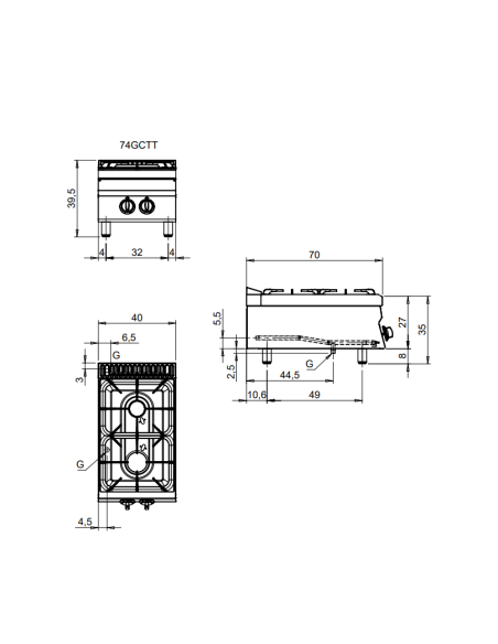Gas cooker - Bench - N.2 fires - Power burners 2 x 7.7 kw - cm 40 x 70 x 29.5 h