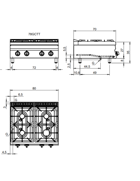 Cocina de gas - Encimera - 4 quemadores - Energía 1 x 7,7 kw + 3 x 5,7 kw - cm 80 x 70 x 29,5 h