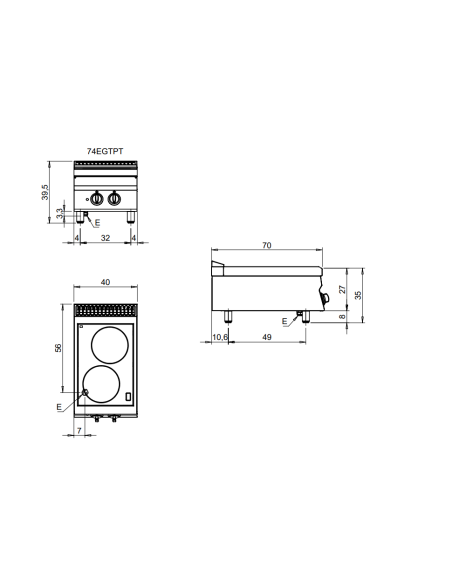 Cucina vetroceramica - N.2 zone di cottura - Potenza 5 kw - Trifase - cm 40 x 70 x 29.5 h
