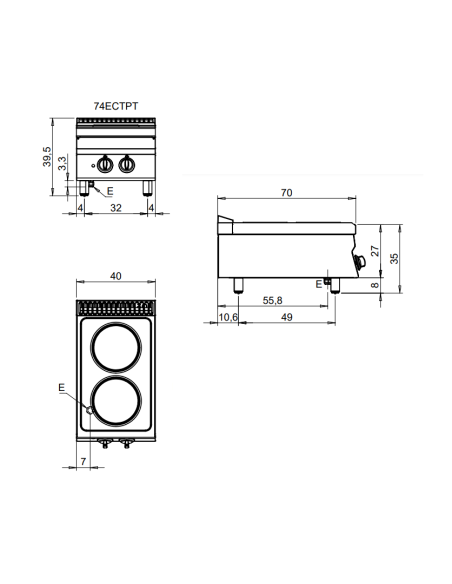 Cocina eléctrica - Sobremesa - N. 2 placas - Energía 5,2 kw - Trifasico - cm 40 x 70 x 29,5 h