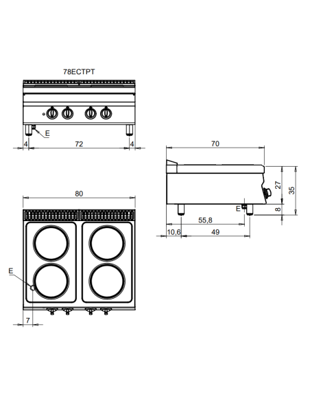 Electric kitchen - No. 4 plates - Power 10.4 kw - Triphase - cm 80 x 70 x 29.5 h