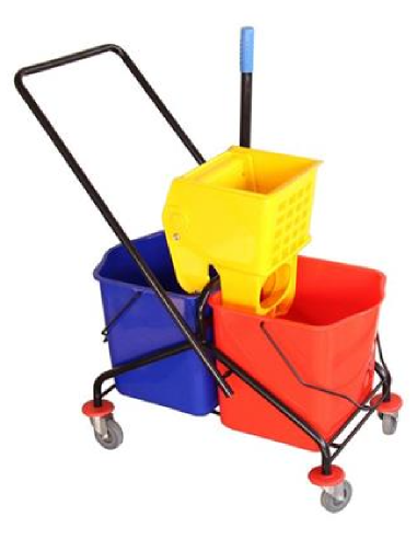 Cleaning trolley with 2 buckets and wringer