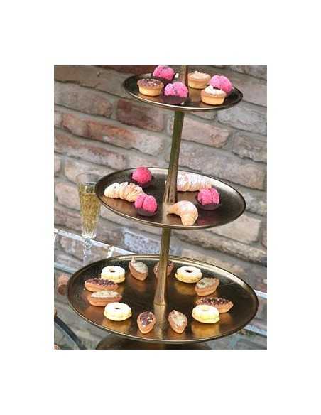 Soporte para tartas de tres niveles - Aluminio dorado - Baldas de 38/30/22 cm - Dimensiones 72 cm