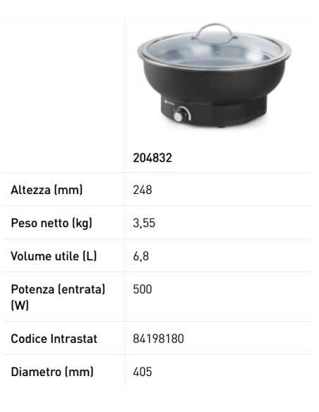 Chafing dish - Elettrico - Potenza W 500 - Fino ad 85 ° C - mm Ø 405 x 248h