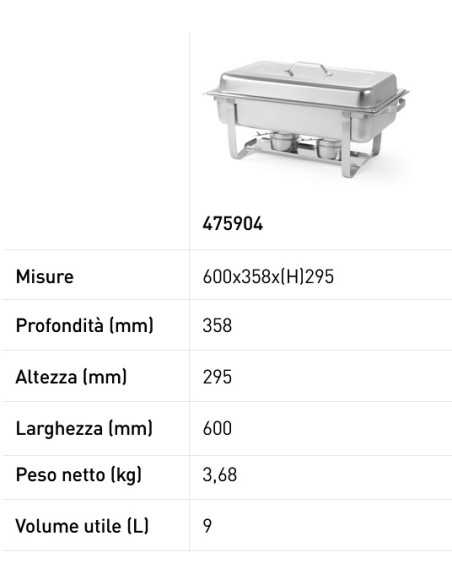 Chafing dish - Con contenitori per combustibile - mm 600 x 358 x 295h