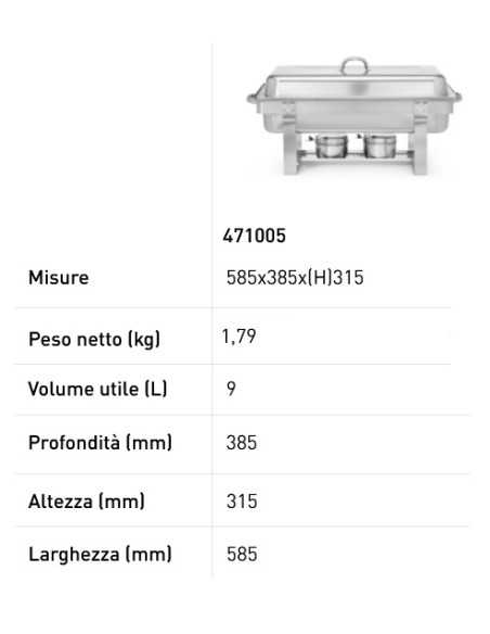 Chafing dish - Per GN 1/1 - Con contenitori per combustibile - mm 585 x 385 x 315h