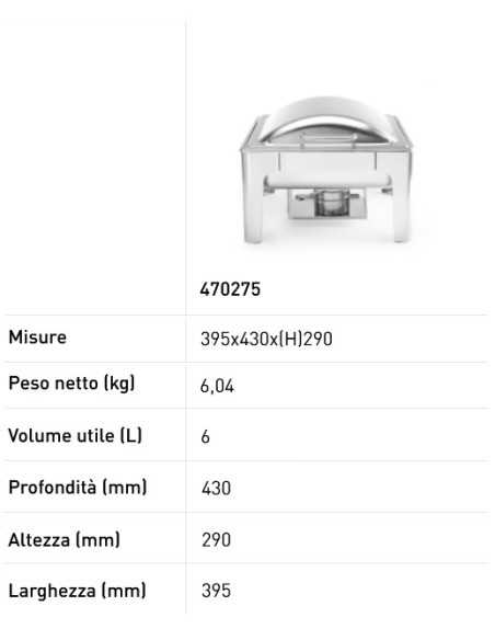 Chafing dish - Per GN 1/2 - Finitura Satinata - Contenitore per combustibile - mm 365 x 370 x 280h