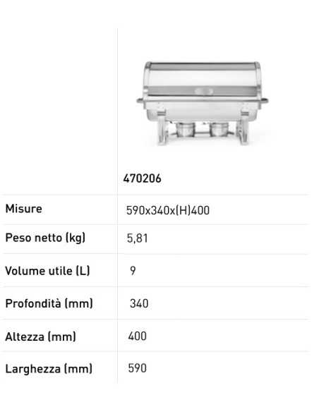 Chafing dish rolltop - GN 1/1 tray - Double container for fuel - mm 590 x 340 x 400h