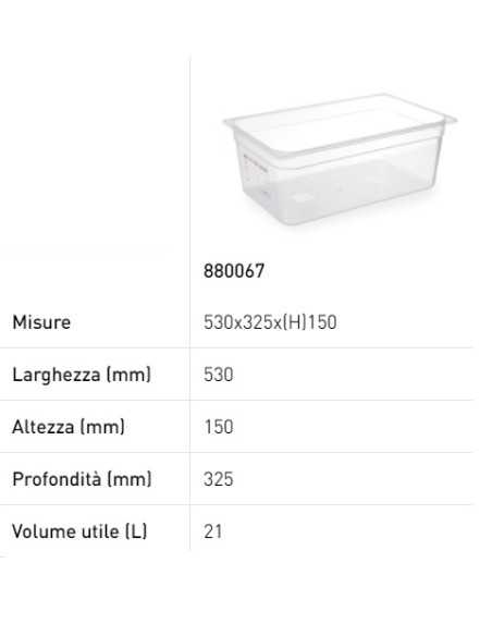 Contenitore - Gastronorm 1/1 - Con etichetta - In polipropilene - Capacità varie - mm 530 x 325