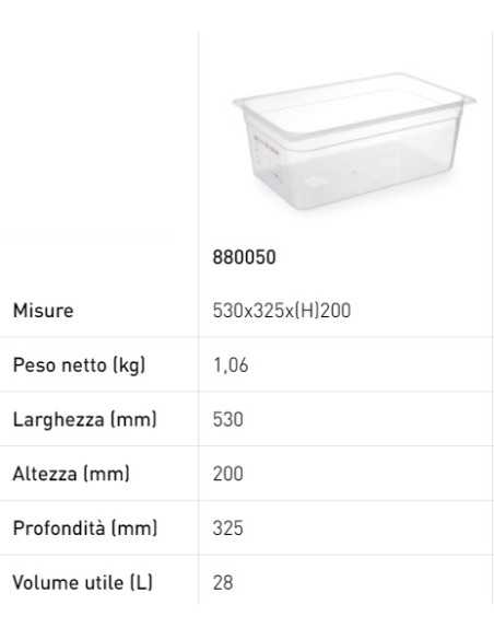 Contenitore - Gastronorm 1/1 - Con etichetta - In polipropilene - Capacità varie - mm 530 x 325