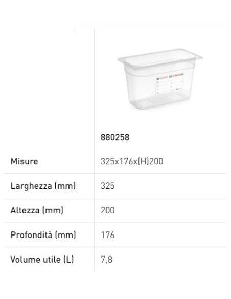 Contenedor - Gastronorm 1/3 - Con etiqueta - En polipropileno - Varias capacidades - mm 325 x 176