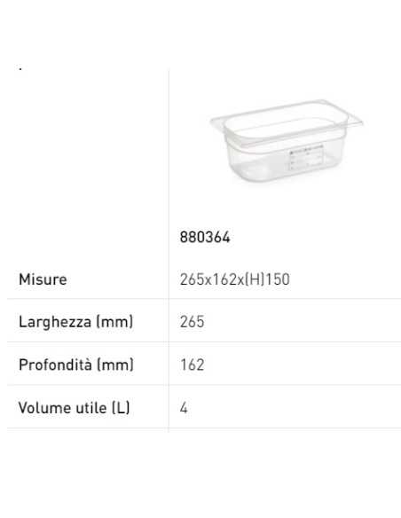 Contenedor - Gastronorm 1/4 - Con etiqueta - En polipropileno - Varias capacidades - mm 265 x 162