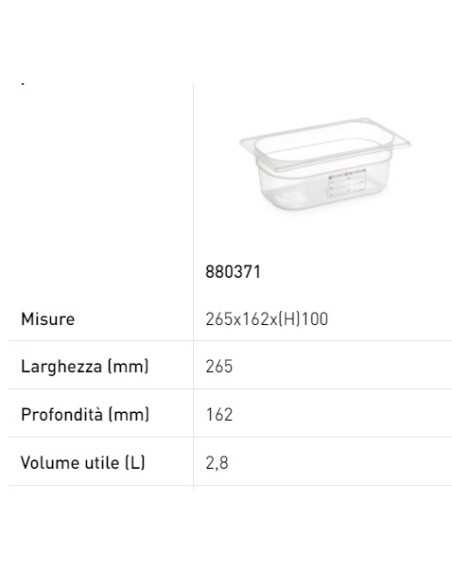 Container - Gastronorm 1/4 - With label - In polypropylene - Various capacities - mm 265 x 162