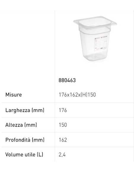 Container - Gastronorm 1/6 - With label - In polypropylene - Various capacities - mm 176 x 162