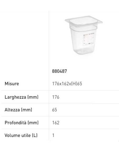 Contenitore - Gastronorm 1/6 - Con etichetta - In polipropilene - Capacità varie - mm 176 x 162