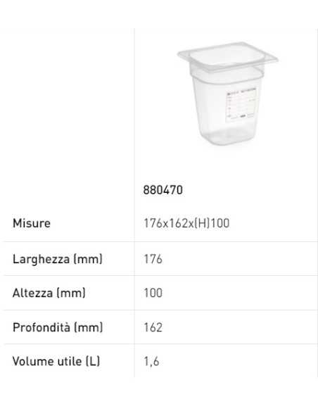 Container - Gastronorm 1/6 - With label - In polypropylene - Various capacities - mm 176 x 162