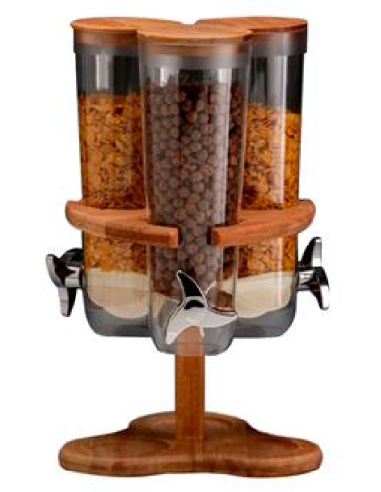 Dispenser cereali - 3 posti - Policarbonato - Base legno - Dimensioni cm 26 x 26 x 43 h